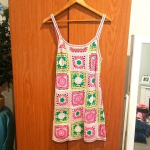 Crochet  patchwork floral cover up multi color block flare bottom sundress